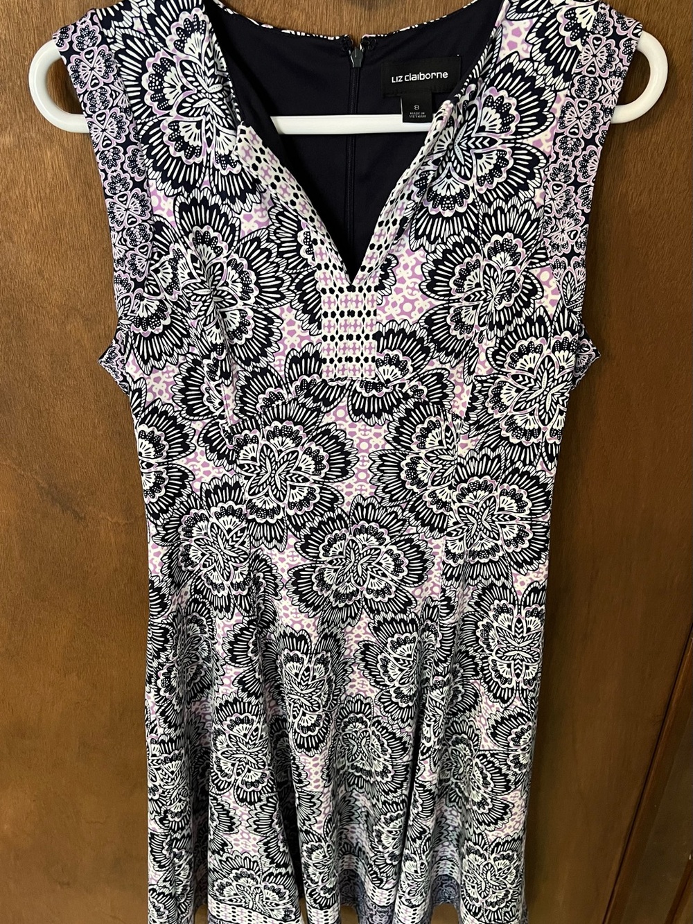 Liz Claiborne Navy Blue and Light Purple Floral Fit-and-Flare Dress